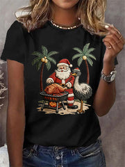 Women's Vintage Tropical Santa Claus Print Tee