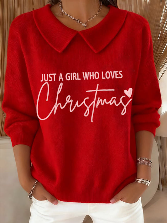 Women's Just a Girl Who Loves Christmas Embroidered Cozy Knit Top