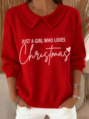 Women's Just a Girl Who Loves Christmas Embroidered Cozy Knit Top