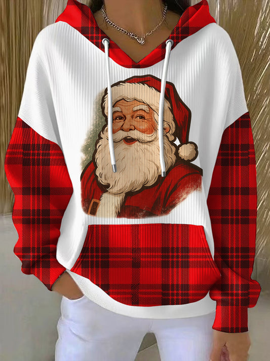 Women's Christmas Santa Claus Plaid Print Causal Hoodie
