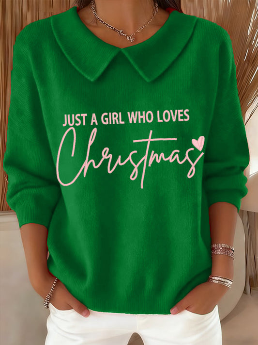Women's Just a Girl Who Loves Christmas Embroidered Cozy Knit Top