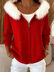 Women's Christmas Inspired Cozy Furry Hooded Cardigan
