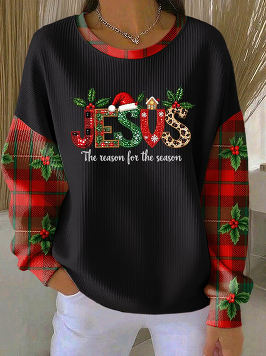 Women's Christmas combined with faith print Ribbed Round-Neck Sweatshirt