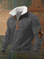 Men's Retro Herringbone Print Fur Collar Zipper Sweatshirt