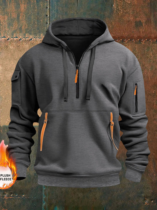 Men's Solid Color Pocket Plush Fleece Hoodie