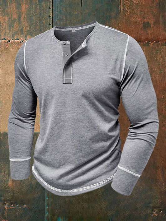 Men's Solid Color Casual Henley Collar Long-Sleev T-Shirt