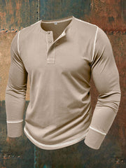 Men's Solid Color Casual Henley Collar Long-Sleev T-Shirt