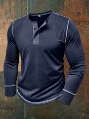 Men's Solid Color Casual Henley Collar Long-Sleev T-Shirt