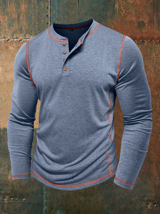 Men's Solid Color Casual Henley Collar Long-Sleeve T-Shirt