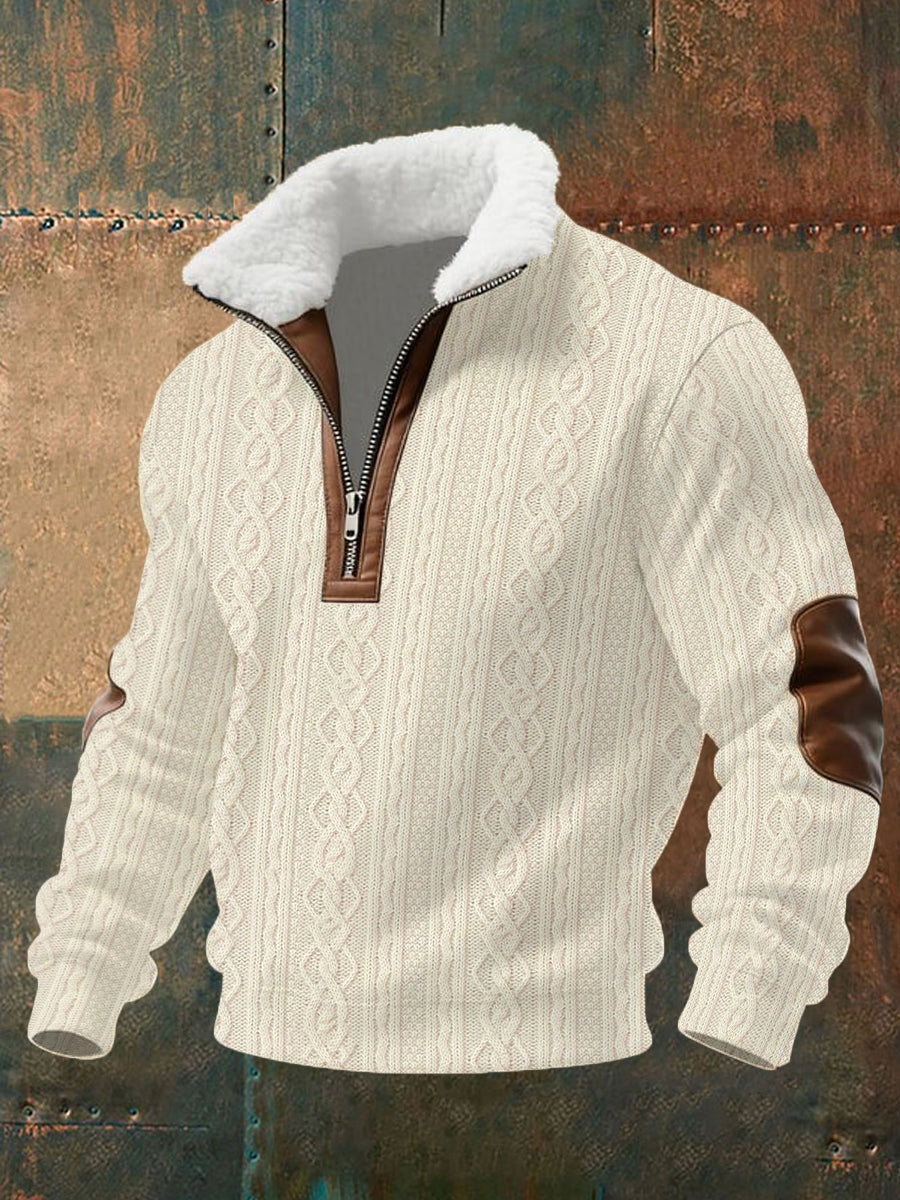 Men's Retro Cable Pattern Print Fur Collar Zipper Sweatshirt