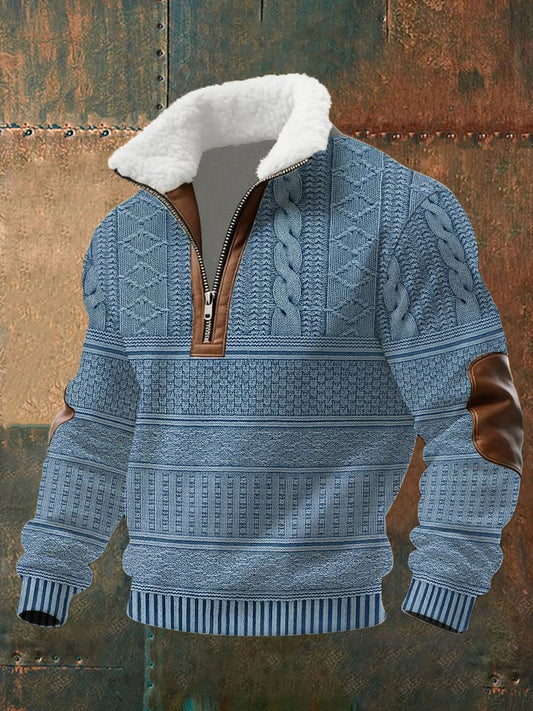Men's Retro Cable Pattern Print Fur Collar Zipper Sweatshirt