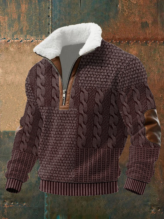 Men's Retro Cable Pattern Print Fur Collar Zipper Sweatshirt