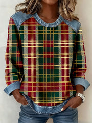 Women's Christmas Inspired Plaid Pattern Patchwork Art Sweatshirt