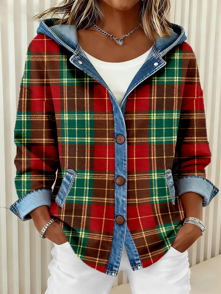 Women's Christmas Inspired Plaid Pattern Patchwork Art Hooded Cardigan