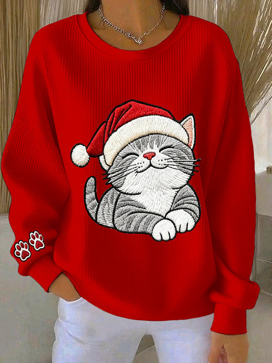 Women's Christmas Cute Cat Art Ribbed Round-Neck Sweatshirt
