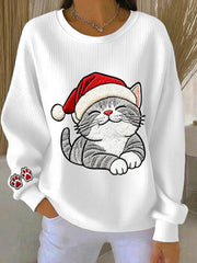 Women's Christmas Cute Cat Art Ribbed Round-Neck Sweatshirt
