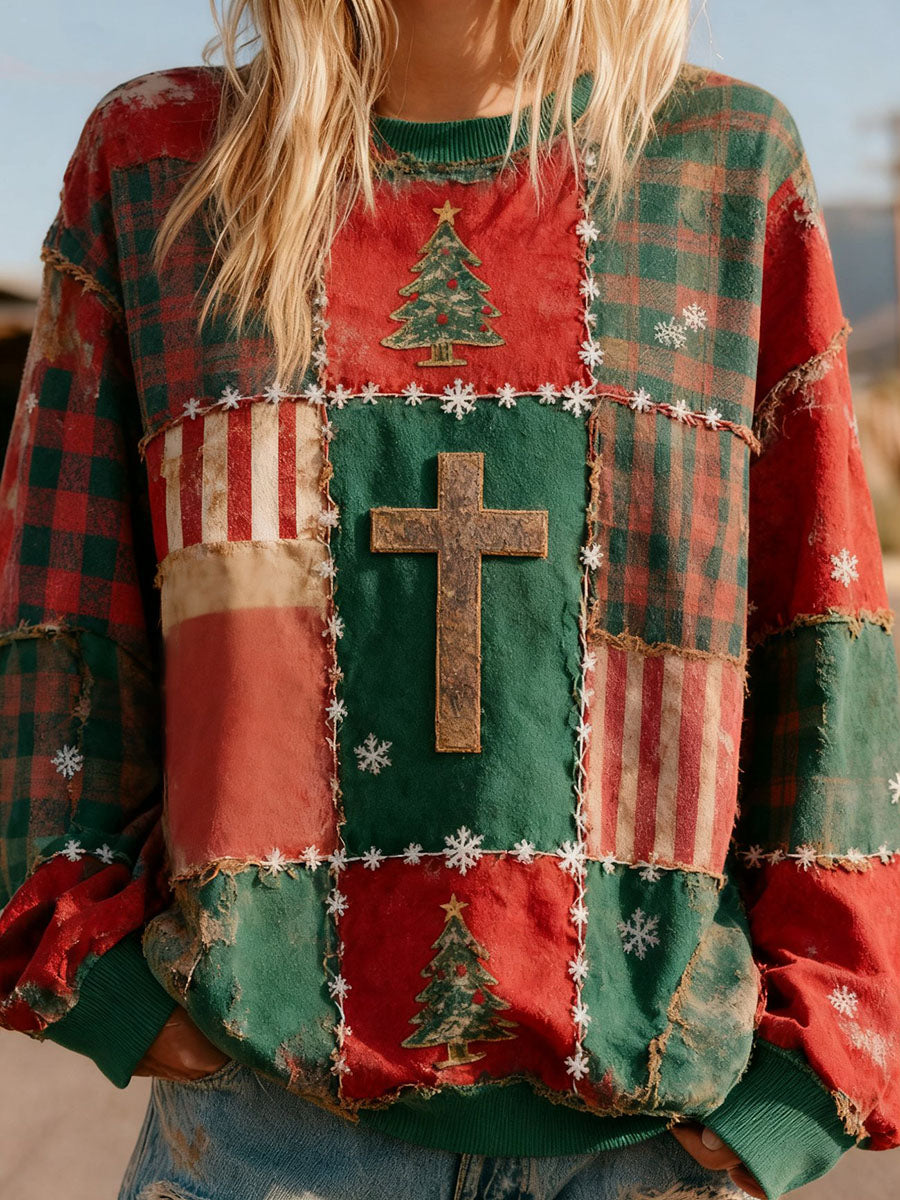 Women's Christmas Inspired Patchwork Art Vintage Sweatshirt