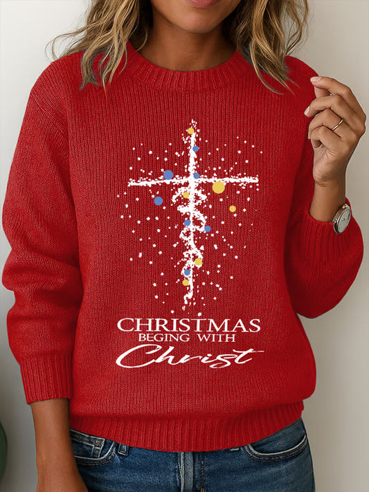 Women'S Casual Christmas "Christmas Begins With Christ" Cross Print Sweater