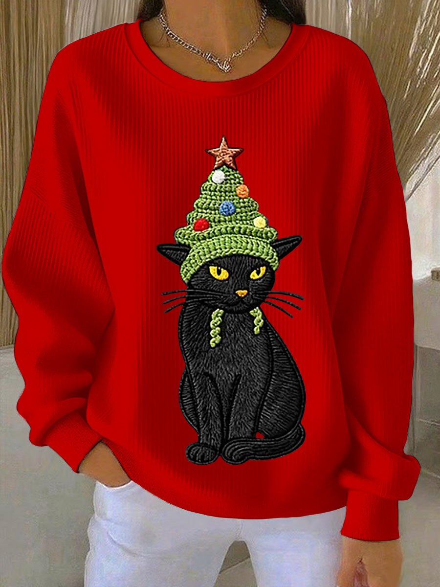 Women's Christmas Tree Cute Cat Art Ribbed Round-Neck Sweatshirt