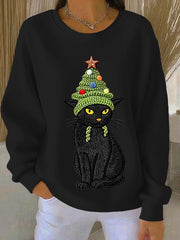 Women's Christmas Tree Cute Cat Art Ribbed Round-Neck Sweatshirt