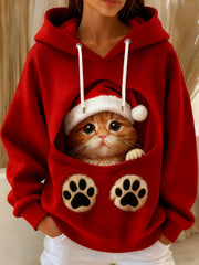 Women's Cute Christmas Cat Art Drawstring Hoodie