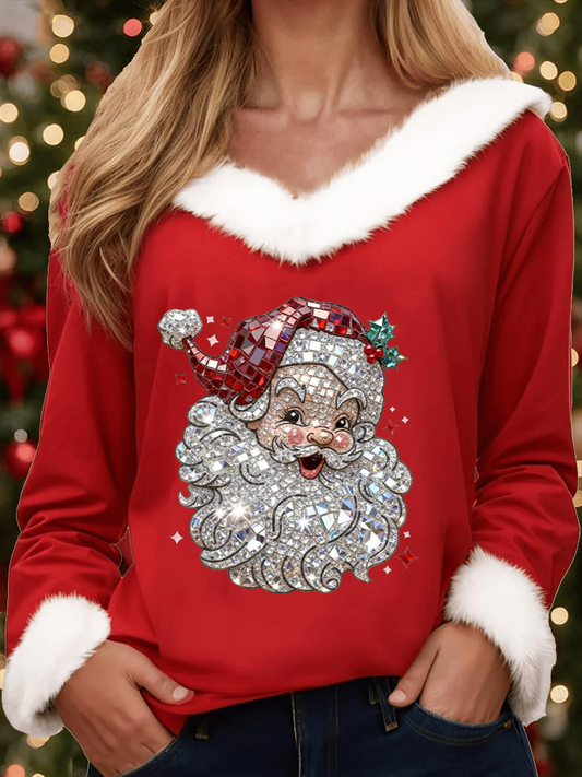 Women's Santa Claus Print Casual Fur Collar Top