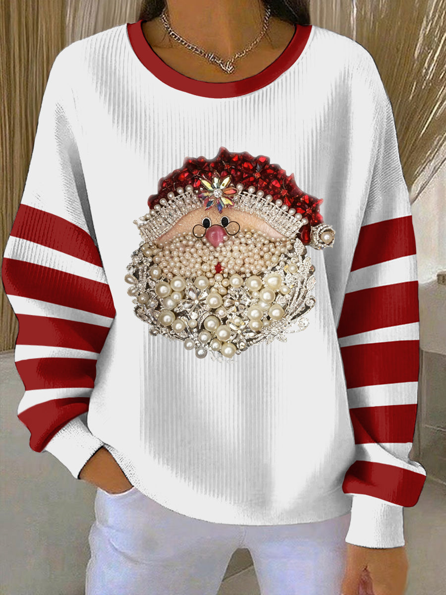 Women's Christmas Santa Art Print Ribbed Round-Neck Sweatshirt