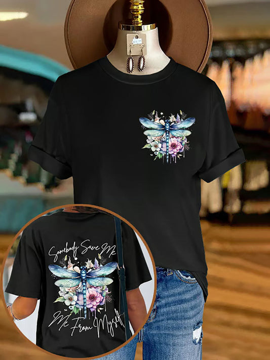 Women's Country Music Somebody Save Me,Me From Myself Print Crew Neck T-Shirt