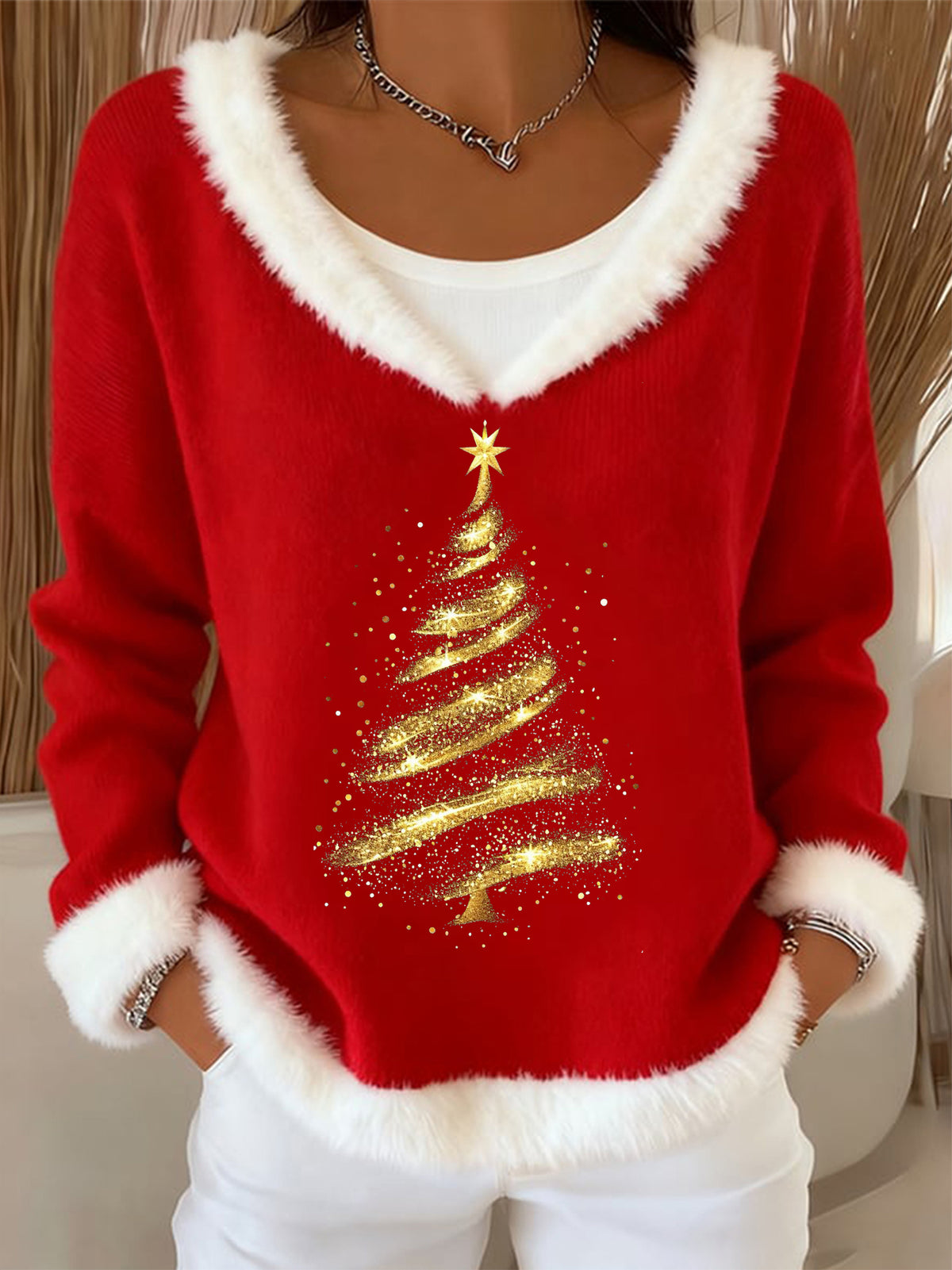 Women's Casual Christmas Fur Collar Top