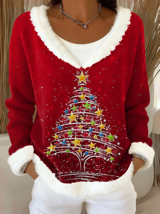 Women's Christmas Tree Art Casual Fur Collar Top