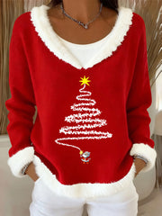 Women's Christmas Tree Art Casual Fur Collar Top
