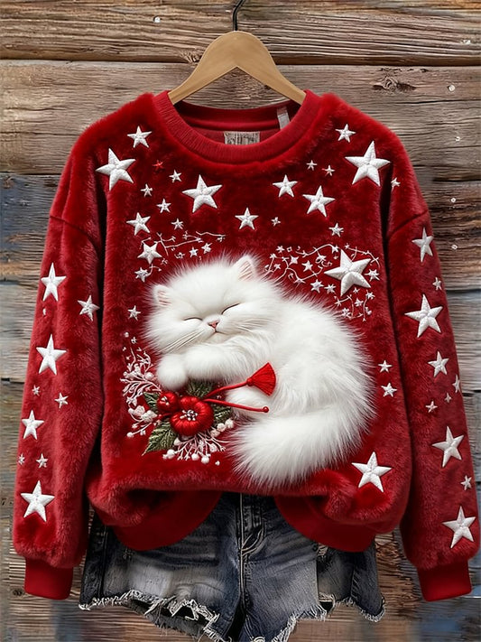 Women's Christmas Sleeping Fuzzy Cat Stars Art Cozy Plush Sweatshirt