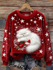 Women's Christmas Sleeping Fuzzy Cat Stars Art Cozy Plush Sweatshirt