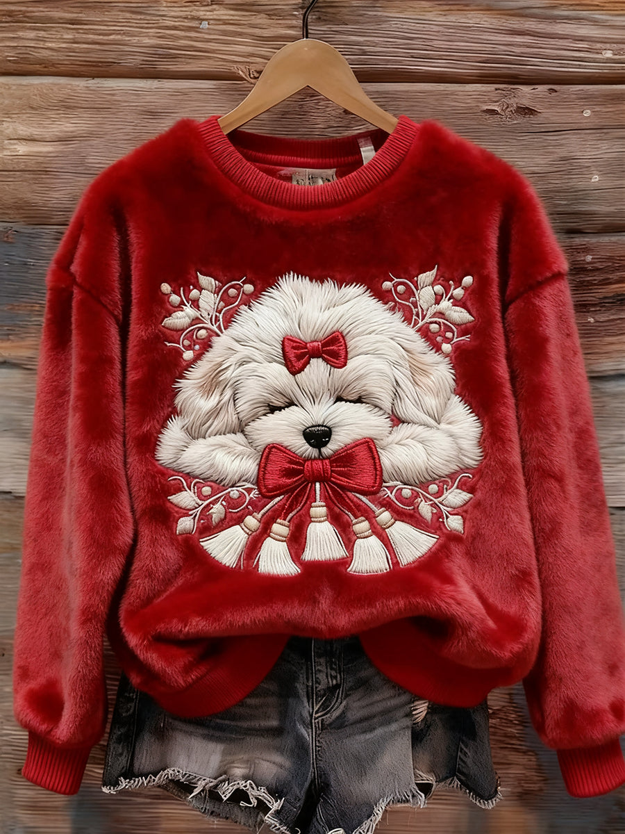 Women's Christmas Sleeping Fuzzy Dog Art Cozy Plush Sweatshirt
